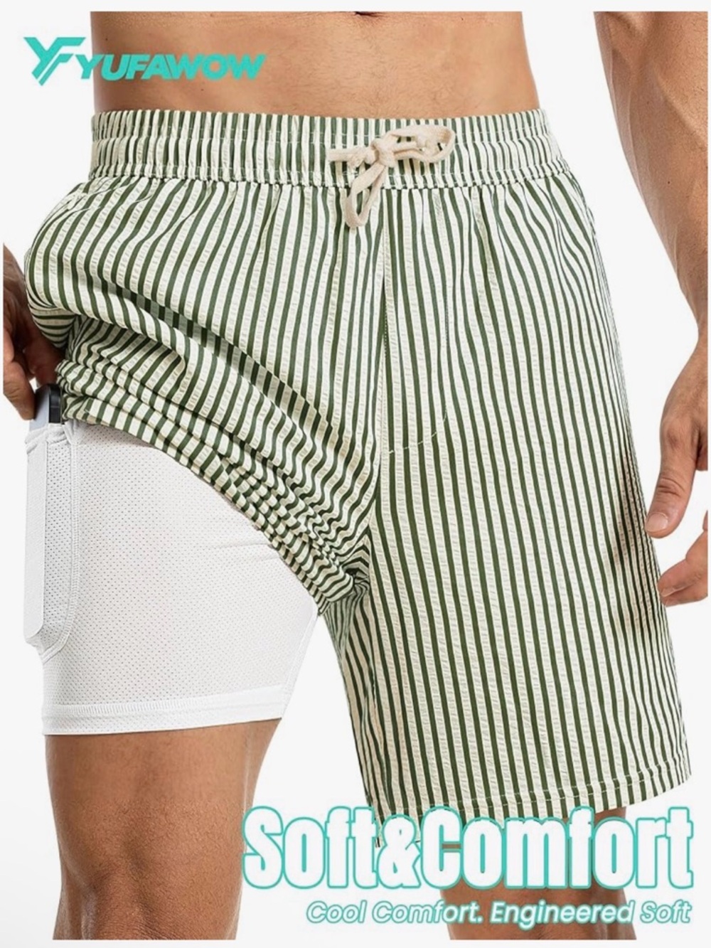 Men’s Green Stripe Swim Trunks with Inner Liner